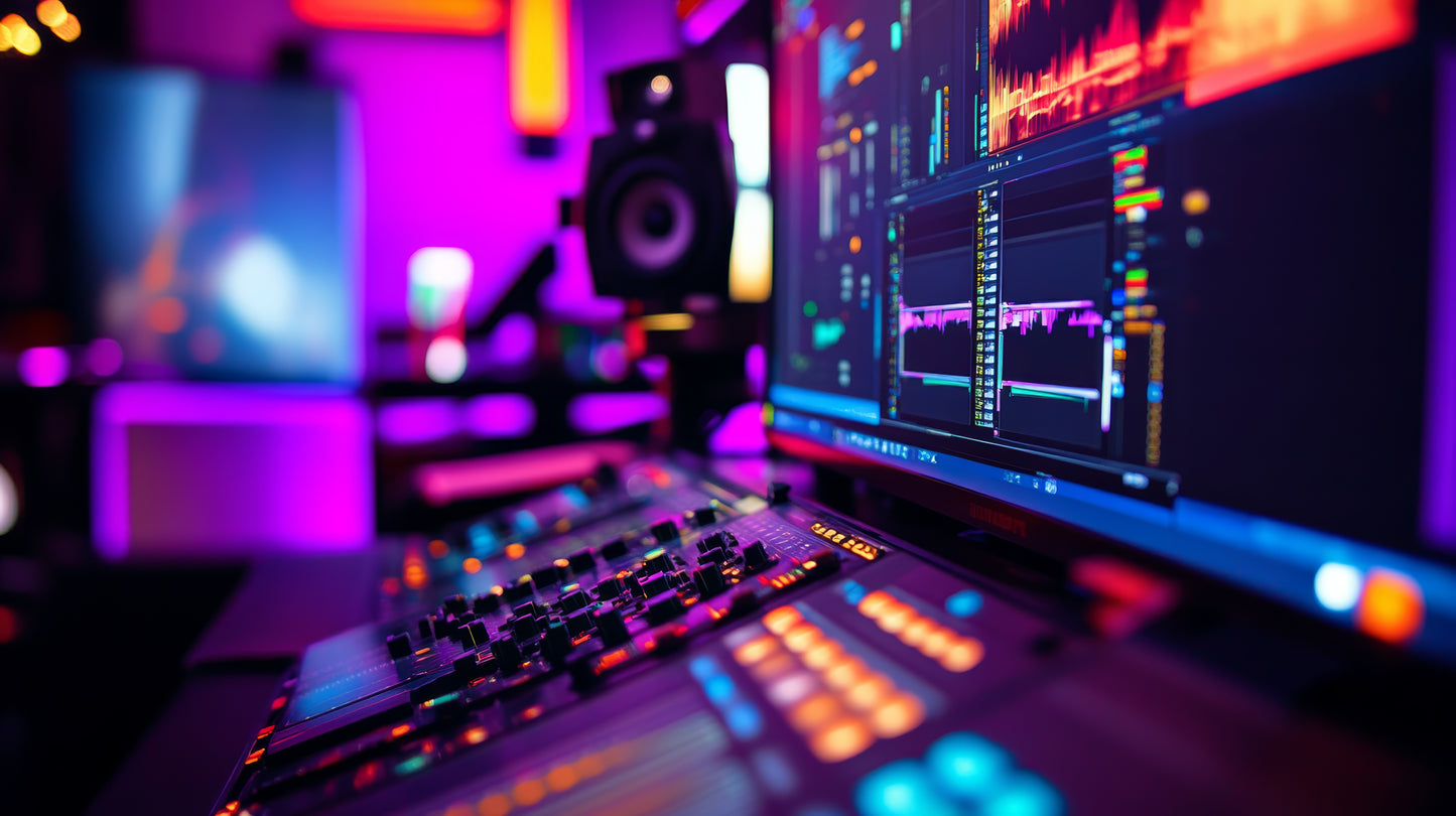 Close-up of a colorful music production studio with audio mixing equipment, glowing buttons, and computer screens showing sound editing software in a vibrant purple-lit environment.