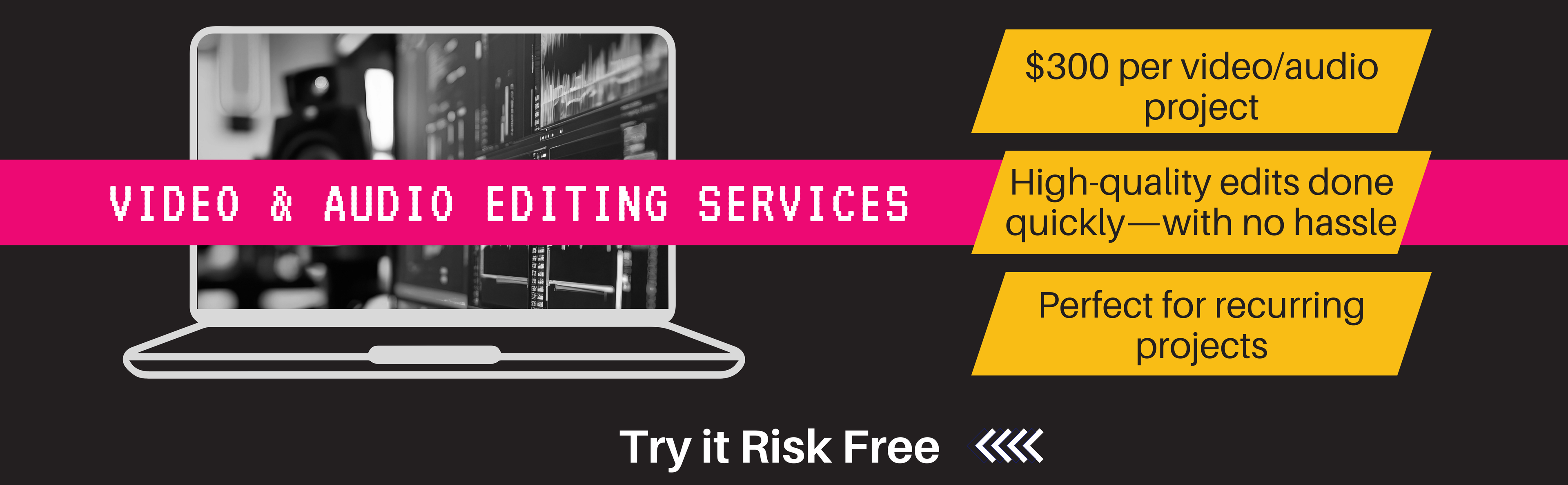 Advertisement for video and audio editing services with a laptop graphic and text on a black background.