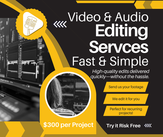 Advertisement for video and audio editing services with text and graphics on a dark background.